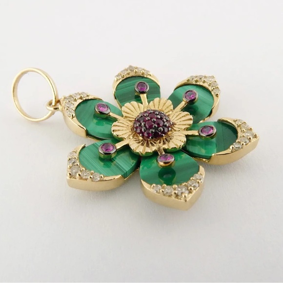 New 14K Yellow Gold Malachite Diamond Ruby Pink Sapphire Flower Pendant or Charm - Picture 7 of 8